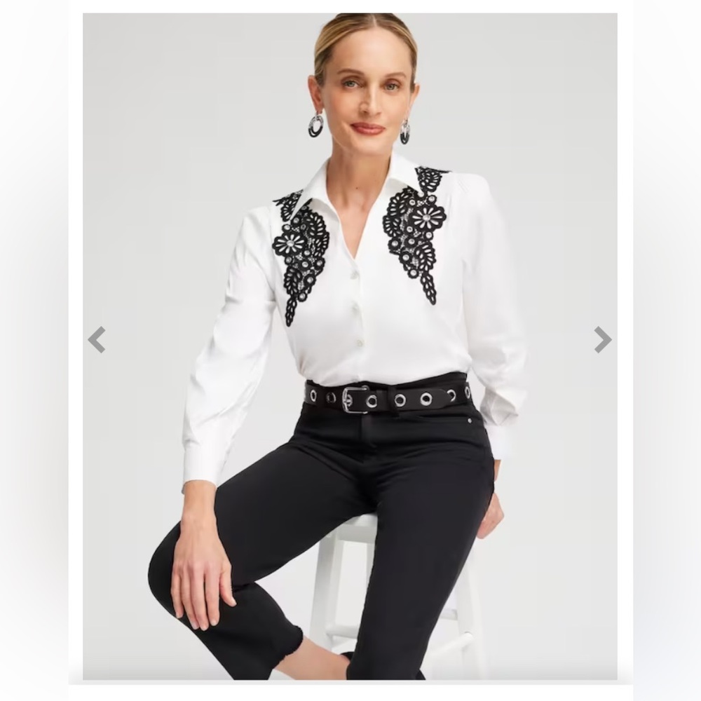 :: CHICO’S Poplin Black Lace on White Appliqué Blouse Dressy Shirt SOLD … - Picture 9 of 14